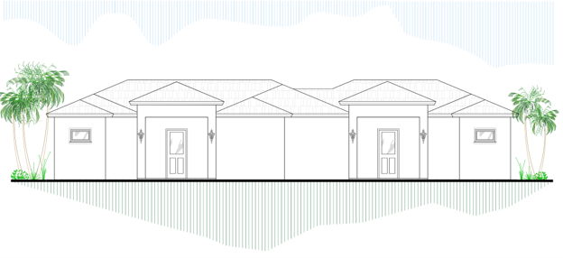 Line drawing of a single-story house facade with a central door and palm trees on both sides.