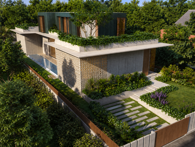 Modern house with rooftop greenery, stone facade, and lush garden surrounded by dense trees