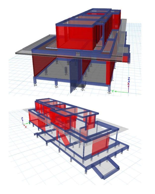 Two 3D architectural building models, red and blue structural frames on a grid background