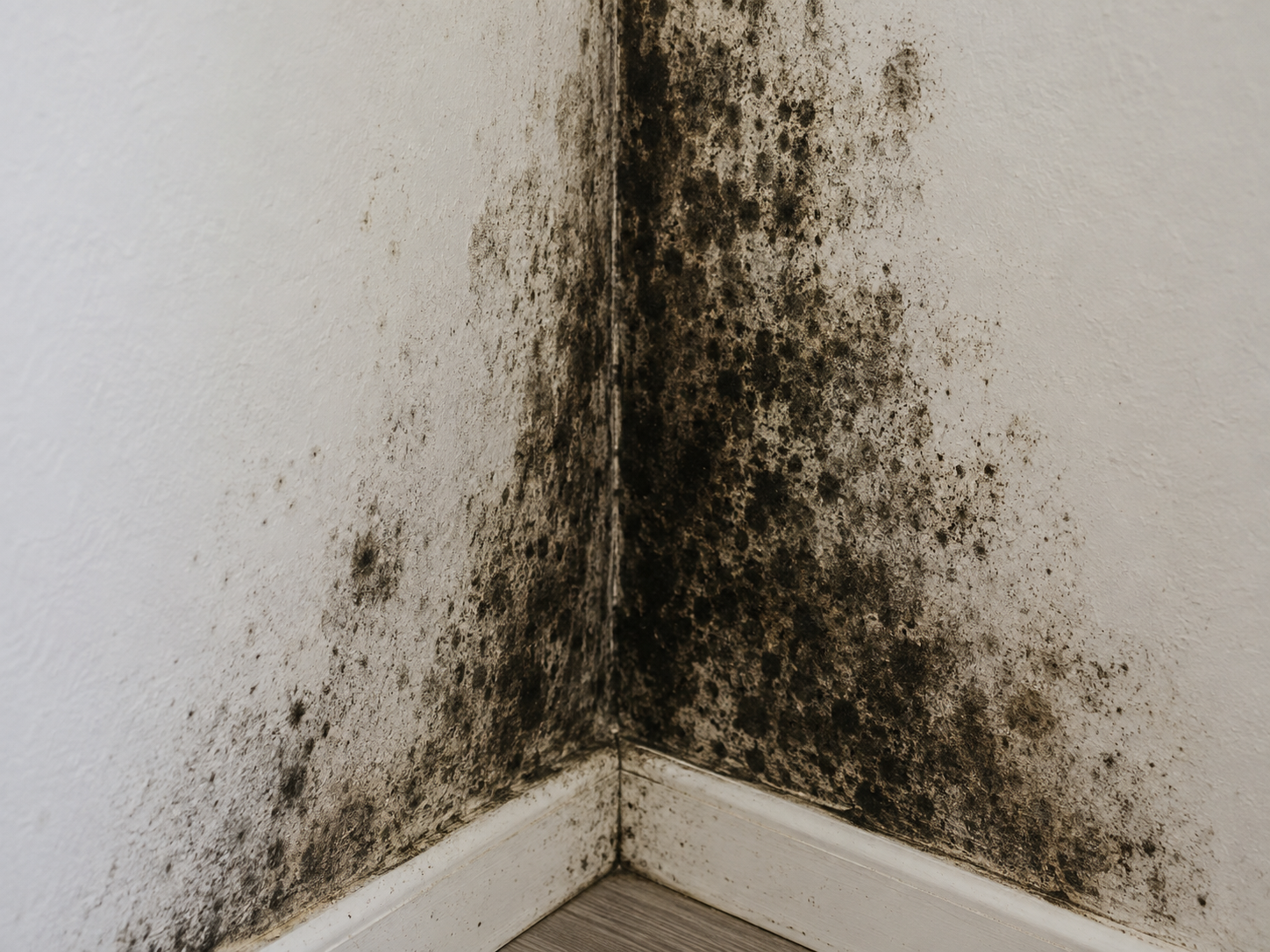 Dark mold growth spreading up an interior wall corner, the kind a licensed mold assessor evaluates
