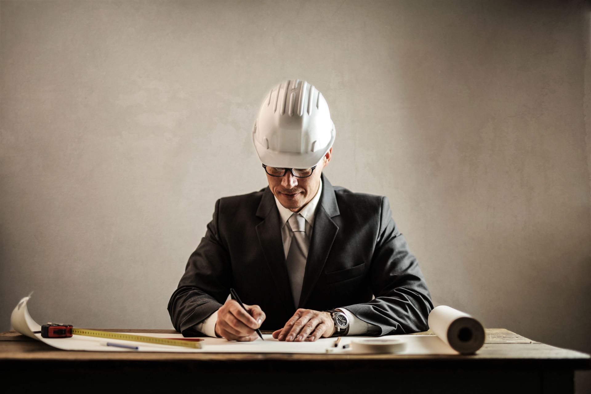 Engineer in a hard hat writing at a desk with blueprints and rolled plans
