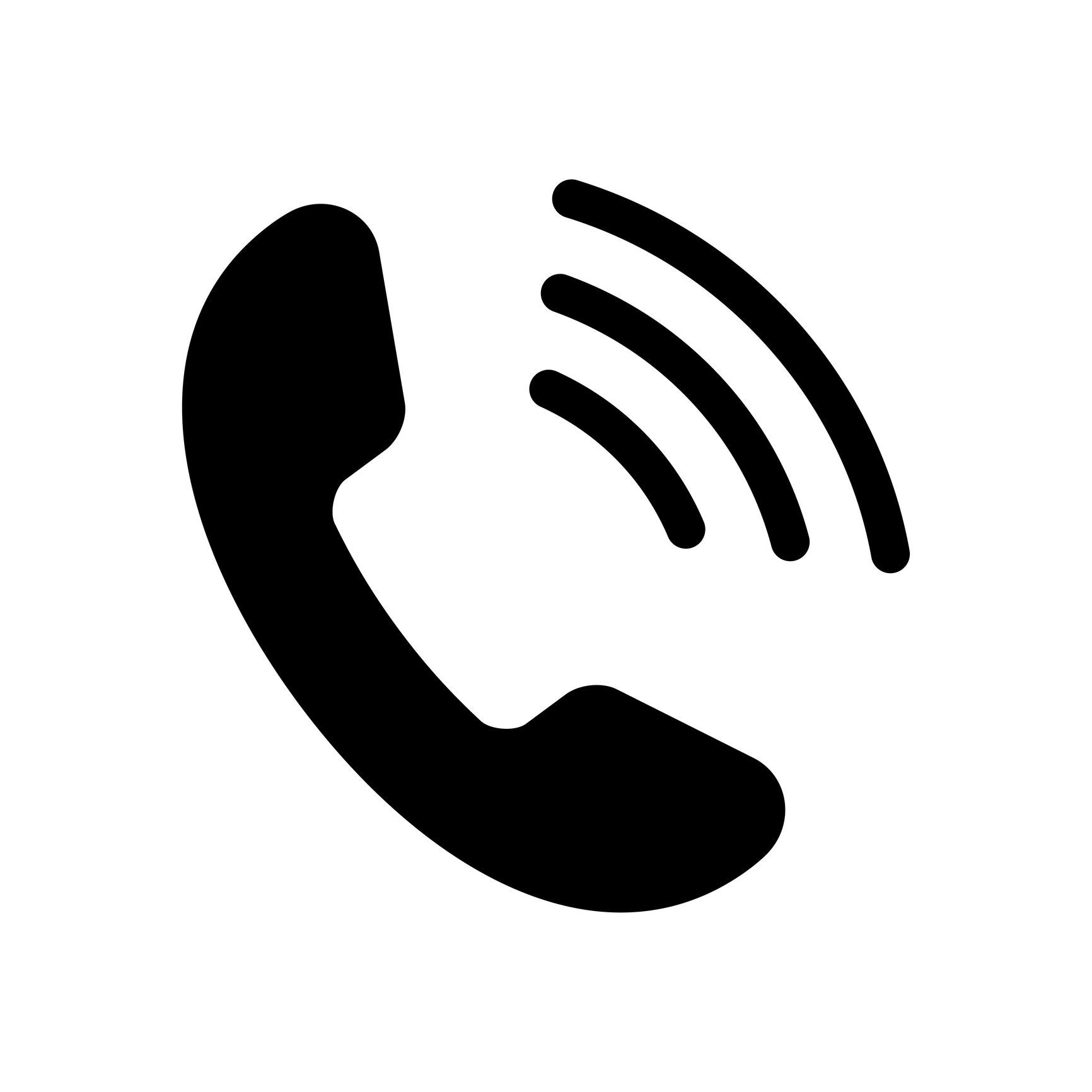 Icona nera di un telefono cellulare con onde di segnale che indicano una chiamata in arrivo.