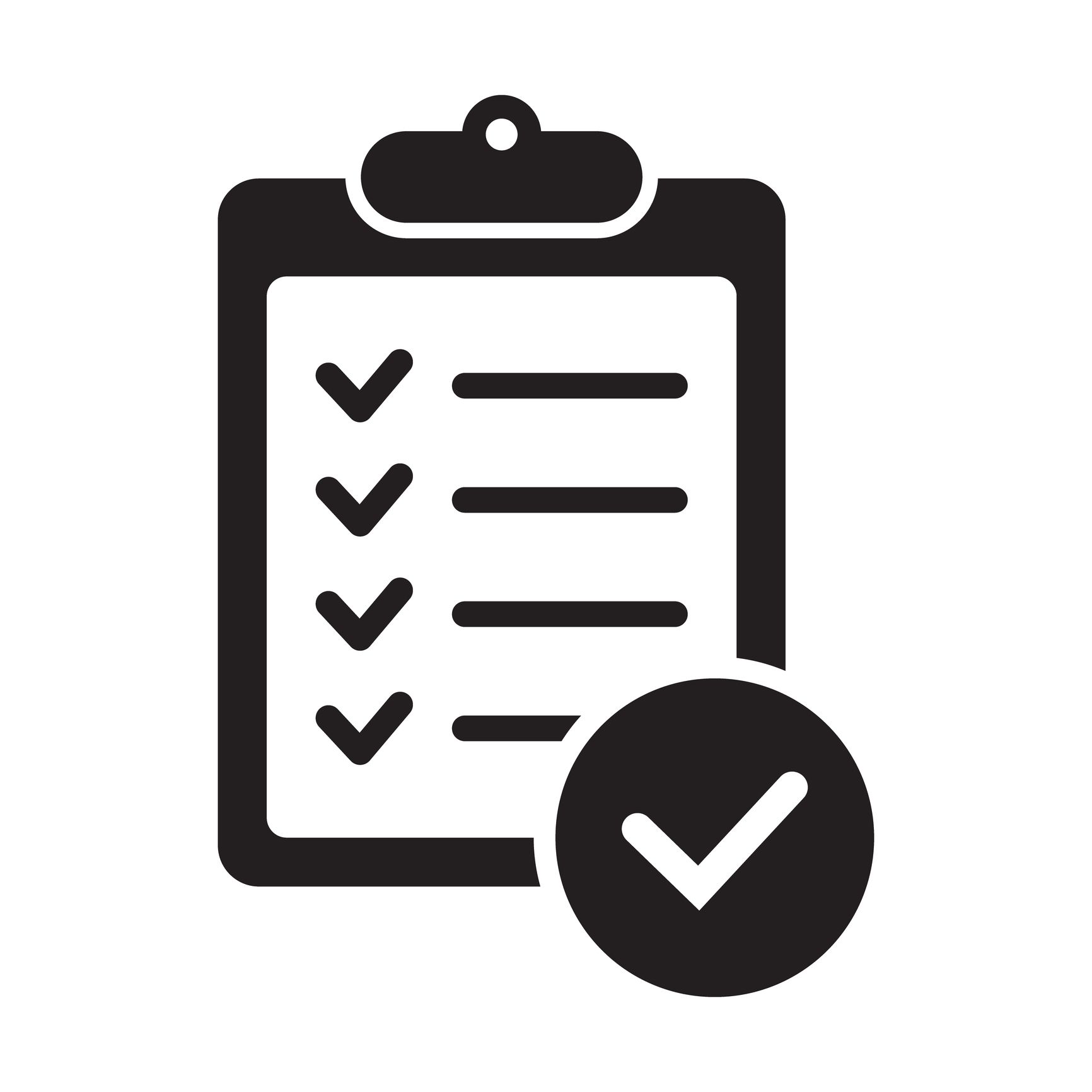 Icona della checklist con segni di spunta e un badge di approvazione nero