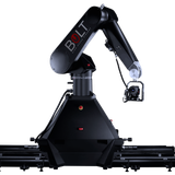 Black industrial robotic arm on a base, holding a cameraagainst a white background