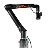Black Cinebot Max robotic camera arm on a white background, holding a mounted camera.