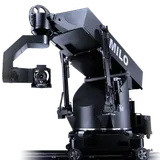 Black industrial robotic arm with “MILO” branding on a wheeled base, isolated on white background