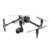 Gray quadcopter drone with mounted camera and four propellers on a white background