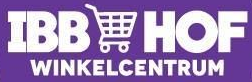 Logo voor IBB HOF Winkelcentrum, witte tekst op een paarse achtergrond. In het woord 