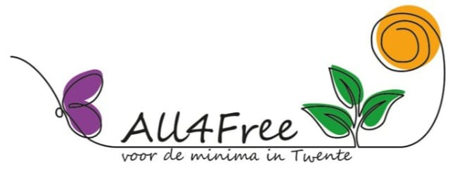 Logo voor All4Free in Twente met een vlinder, bladeren en de zon, verbonden door een lijn.
