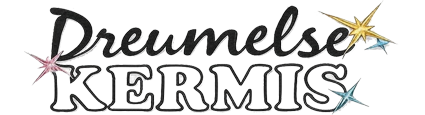 Logo voor Dreumelse Kermis, een kermis of festival, met gestileerde tekst en illustraties in de vorm van sterren.