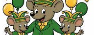 Drie tekenfilmmuizen met groene jasjes en hoedjes met ballonnen.