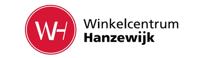 A red and white logo for winkelcentrum hanzewijk