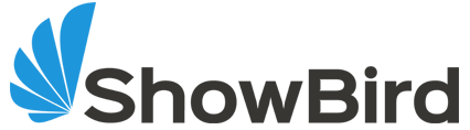 Een showvogellogo met een blauwe vogelvleugel op een witte achtergrond.