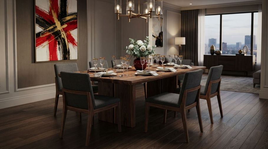 Elegant dining room with a set table, chandelier, and abstract wall art overlooking a city view