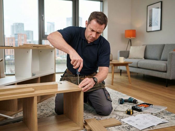 Man assembling a wooden table in a bright living room with tools and instruction sheets nearby