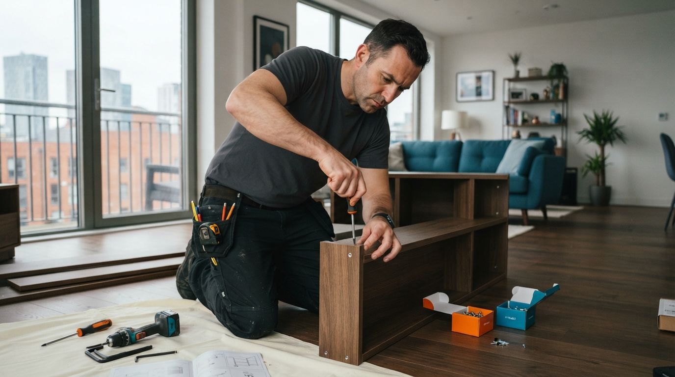 Man kneeling on floor assembling a wooden cabinet in a living room, with tools and parts nearby