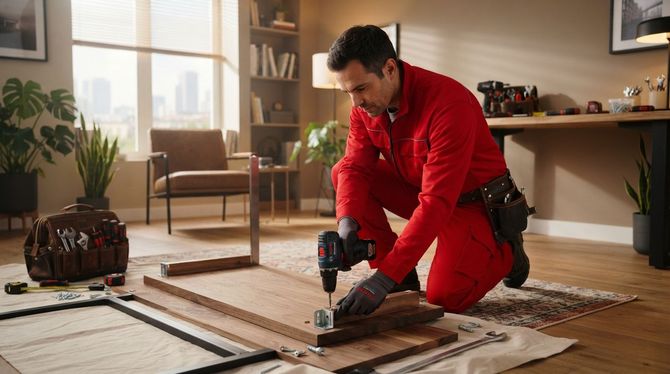 Worker in red coveralls using a drill to assemble a wooden frame in a sunlit room