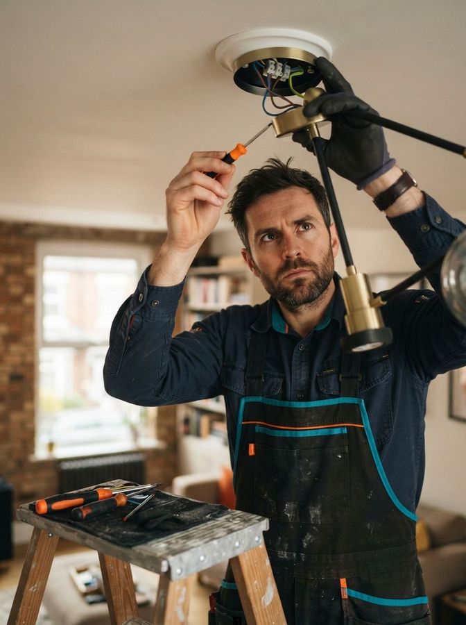 Electrician fixing a ceiling light fixture in a room, using tools on a ladder.