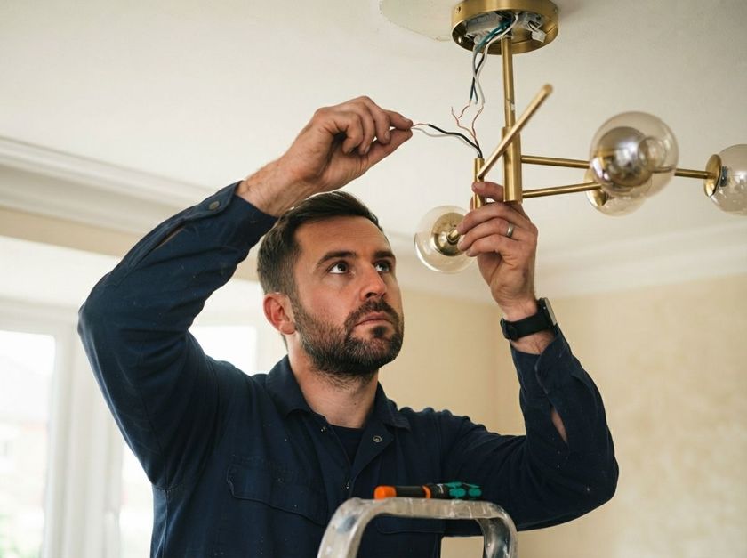 Electrician wiring a ceiling light fixture in a bright room