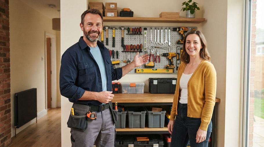 Two people smiling in a workshop with tools on a pegboard and shelves behind them