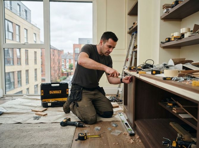 Worker kneeling in a workshop, installing shelves beside tools and a large window.