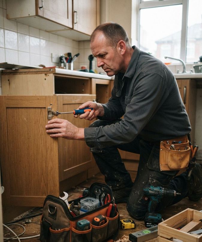 Plumber kneeling under a kitchen sink, tightening a cabinet fixture with tools nearby.