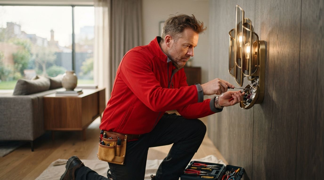 Technician in red shirt kneels at a wall panel, using tools in a modern living room.