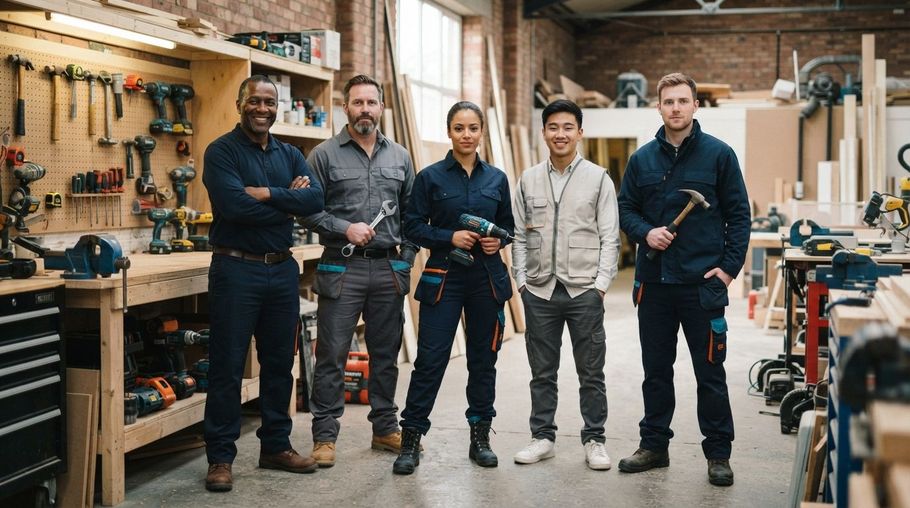 Five people stand in a wood workshop with tools and equipment, posing in front of workbenches.