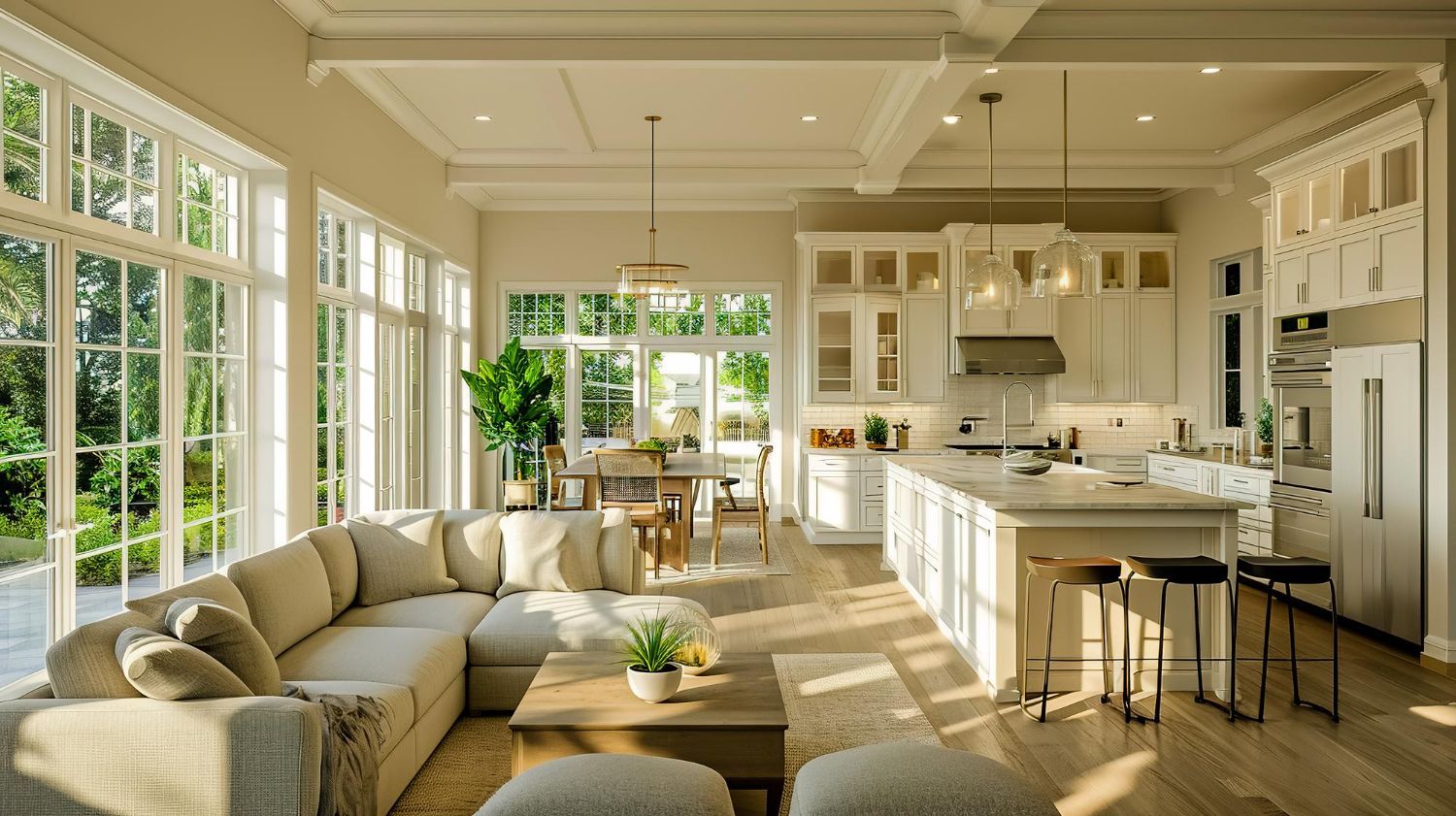 Bright open kitchen and living room with cream sofas, white cabinets, island stools, and large windows