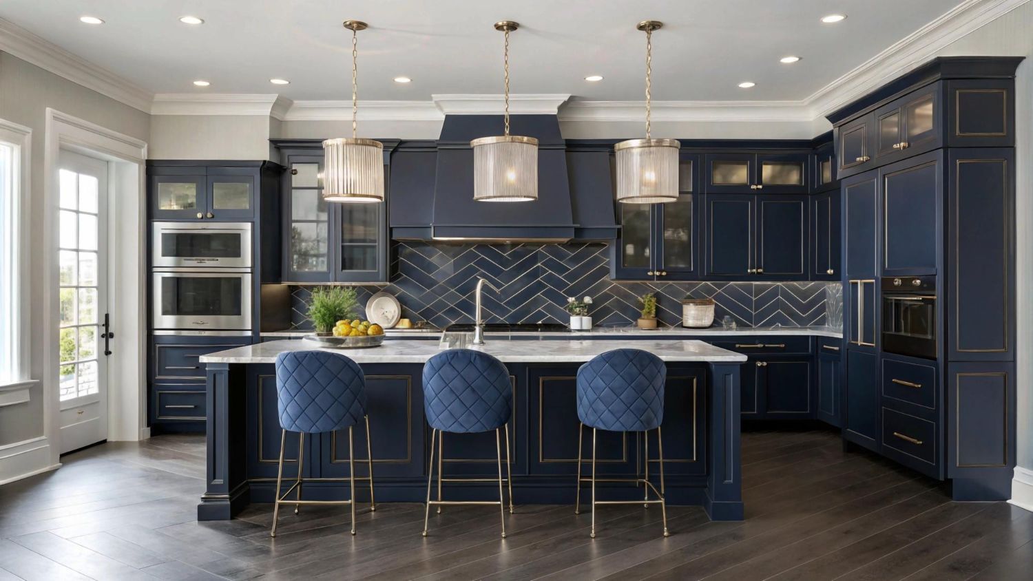 Modern navy-and-white kitchen with a large island, pendant lights, and dark hardwood floors