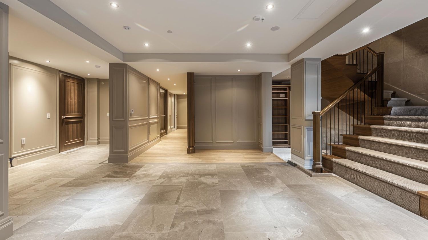 Modern hotel lobby with beige tile floors, recessed lighting, and a staircase on the right.