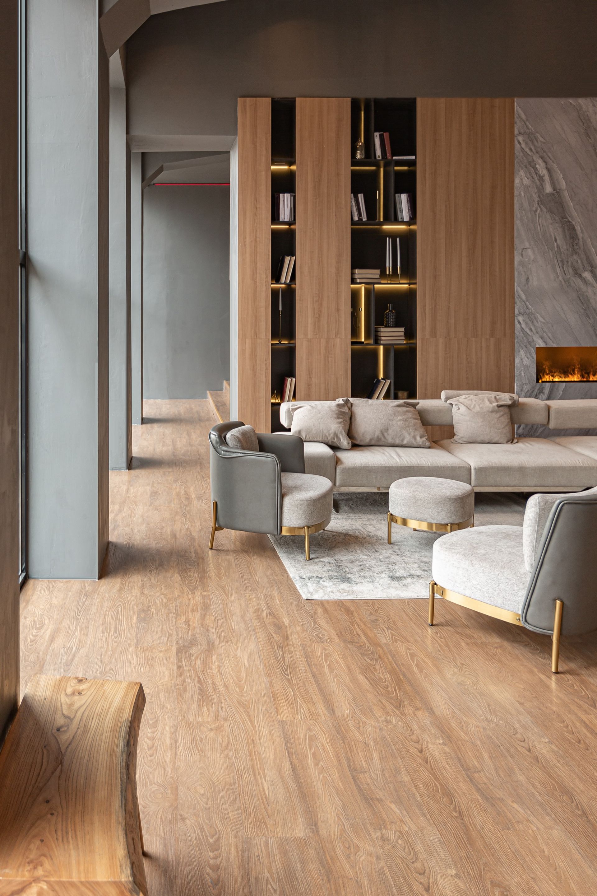 living room with marble wall fireplace and stylish bookcase