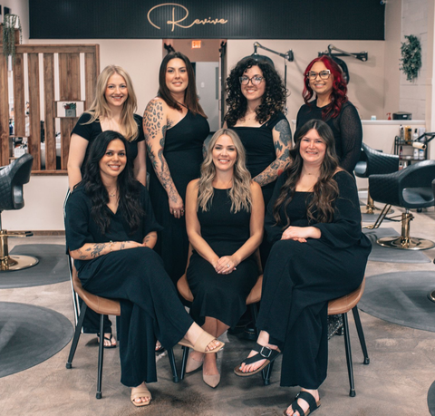 Hair stylists at Revive Hair Salon in Jacksonville, NC. From left to right (back row): Nicole Partridge, Elle Hernandez, Megan Southard  (front row) Brie Hendricks, Isabel Hernandez.