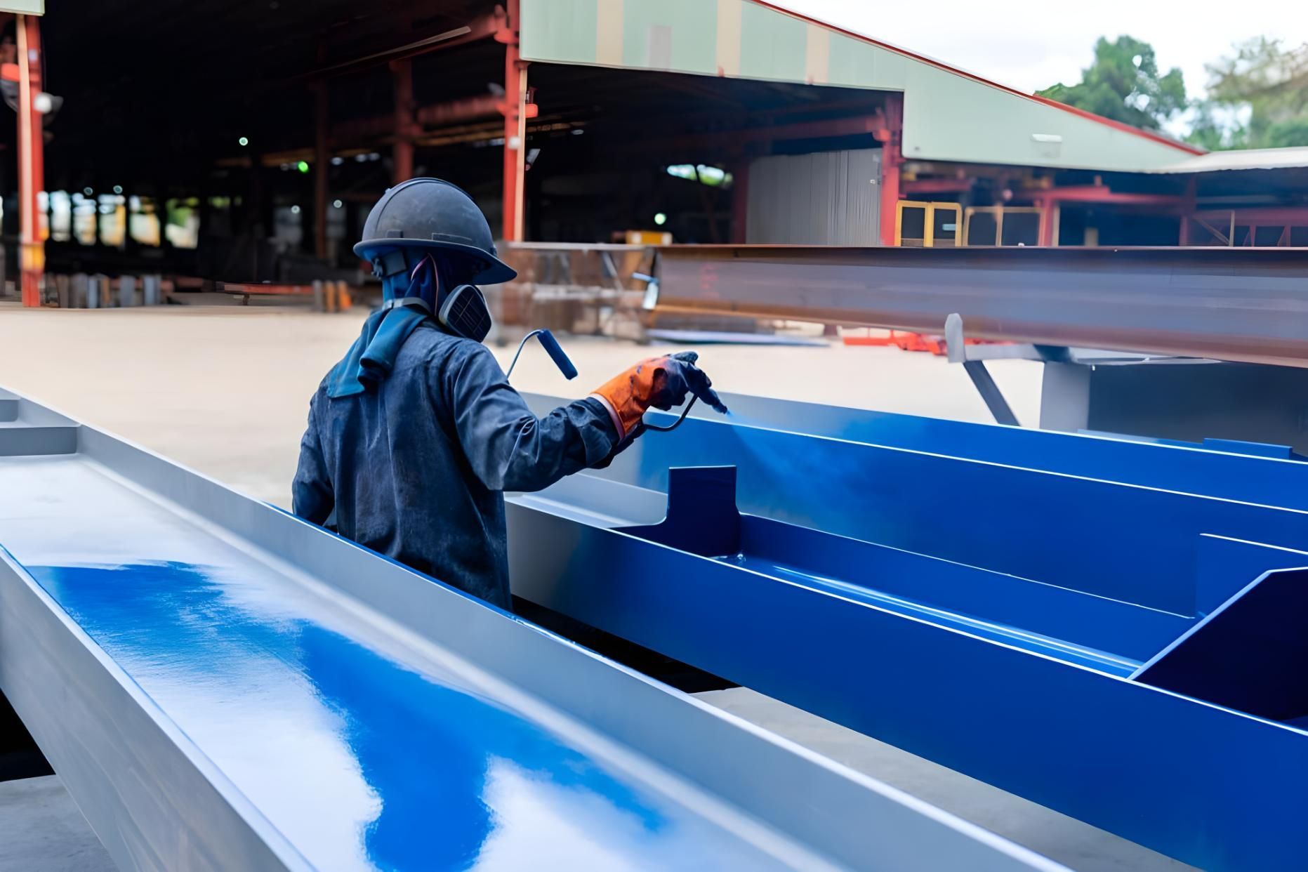 Man is Spraying Blue Paint on a Metal Structure — Paint & Decor in Mount Isa City, QLD