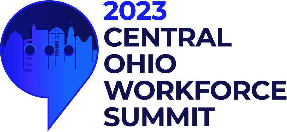 Logo for the 2023 Central Ohio Workforce Summit featuring a blue speech bubble icon with a city skyline silhouette.