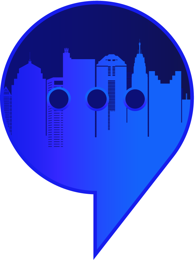 A blue location pin icon containing a silhouette of a city skyline with three dark blue circles representing a chat bubble.