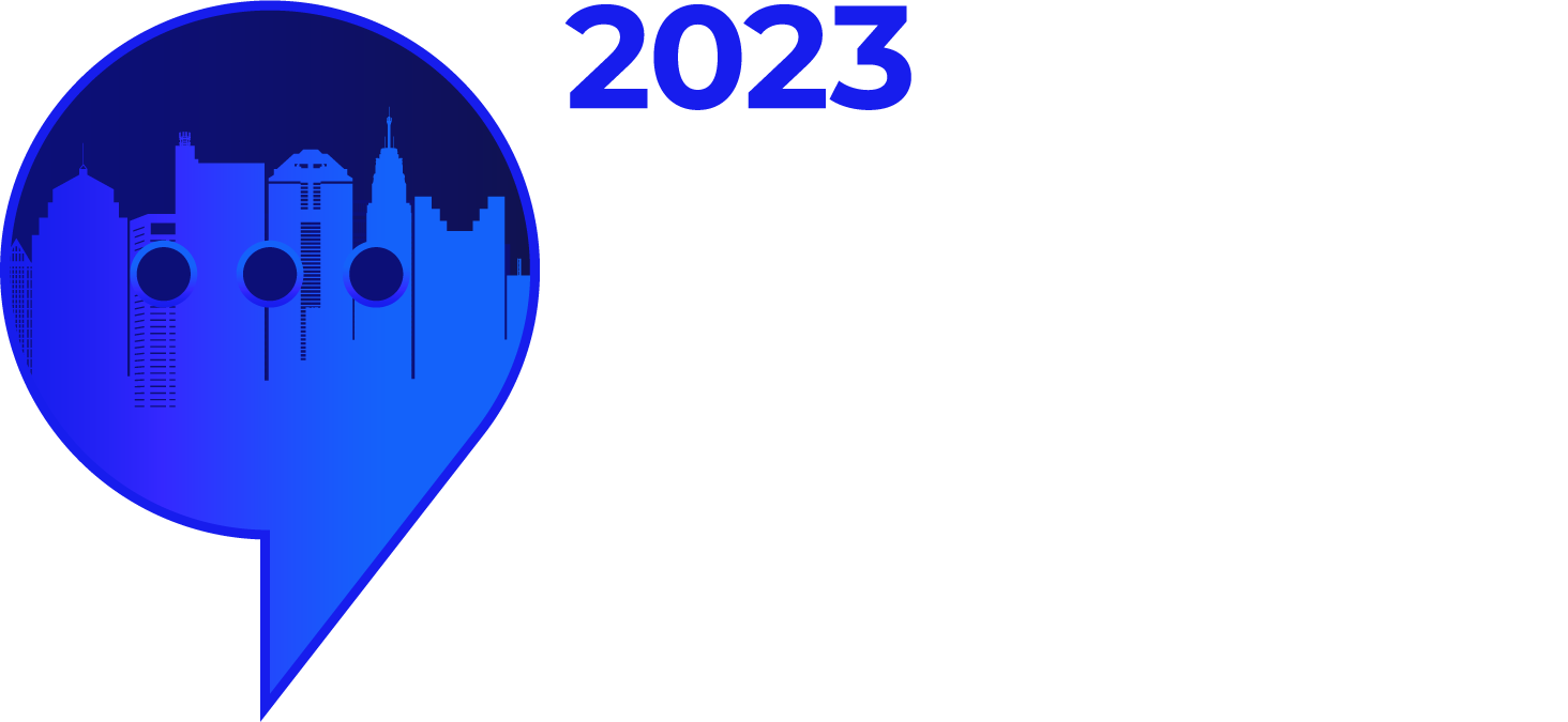 A blue speech bubble icon containing a city skyline silhouette, next to the text 