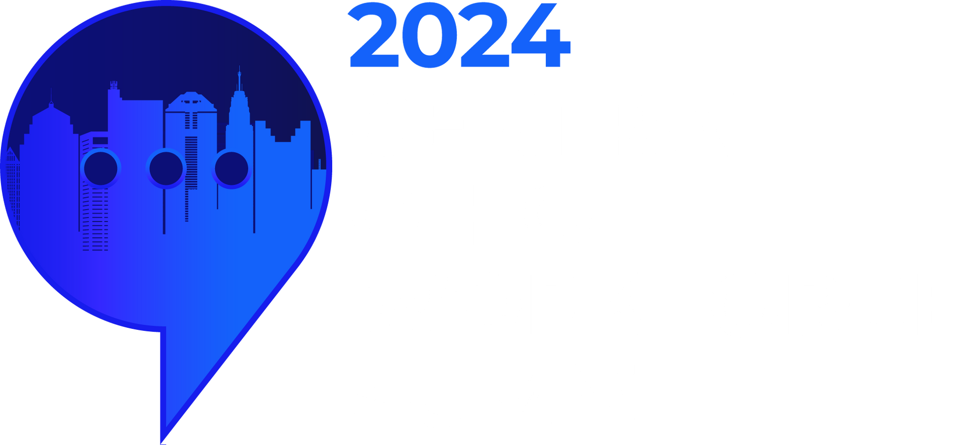 A blue speech bubble icon containing a city skyline silhouette, next to the text