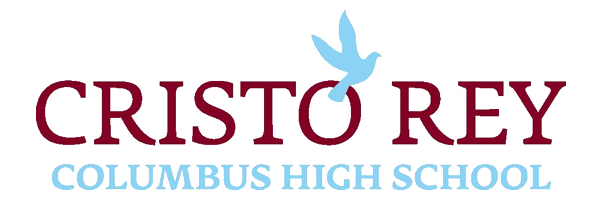 The logo for Cristo Rey Columbus High School, featuring maroon text and a light blue dove icon.