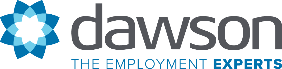 Logo for Dawson, The Employment Experts, featuring a blue, geometric, lotus-like icon next to the company name.