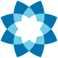 A geometric floral pattern with eight symmetrical, overlapping blue and light blue petals on a white background.