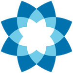 Blue and light blue geometric flower logo with layered petals on a white background