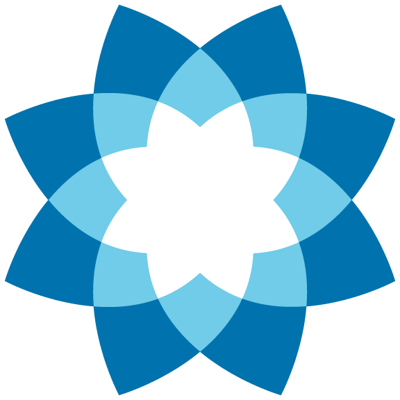 Blue and light blue geometric flower logo with layered petals on a white background