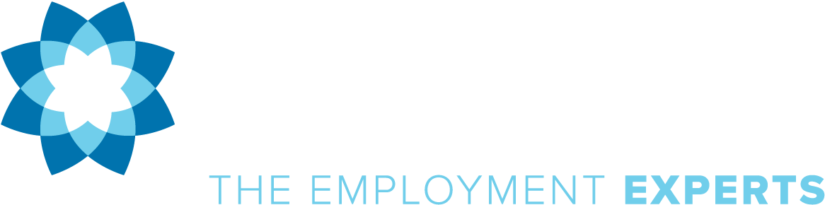 A blue stylized floral logo next to the text "THE EMPLOYMENT EXPERTS" in shades of blue.