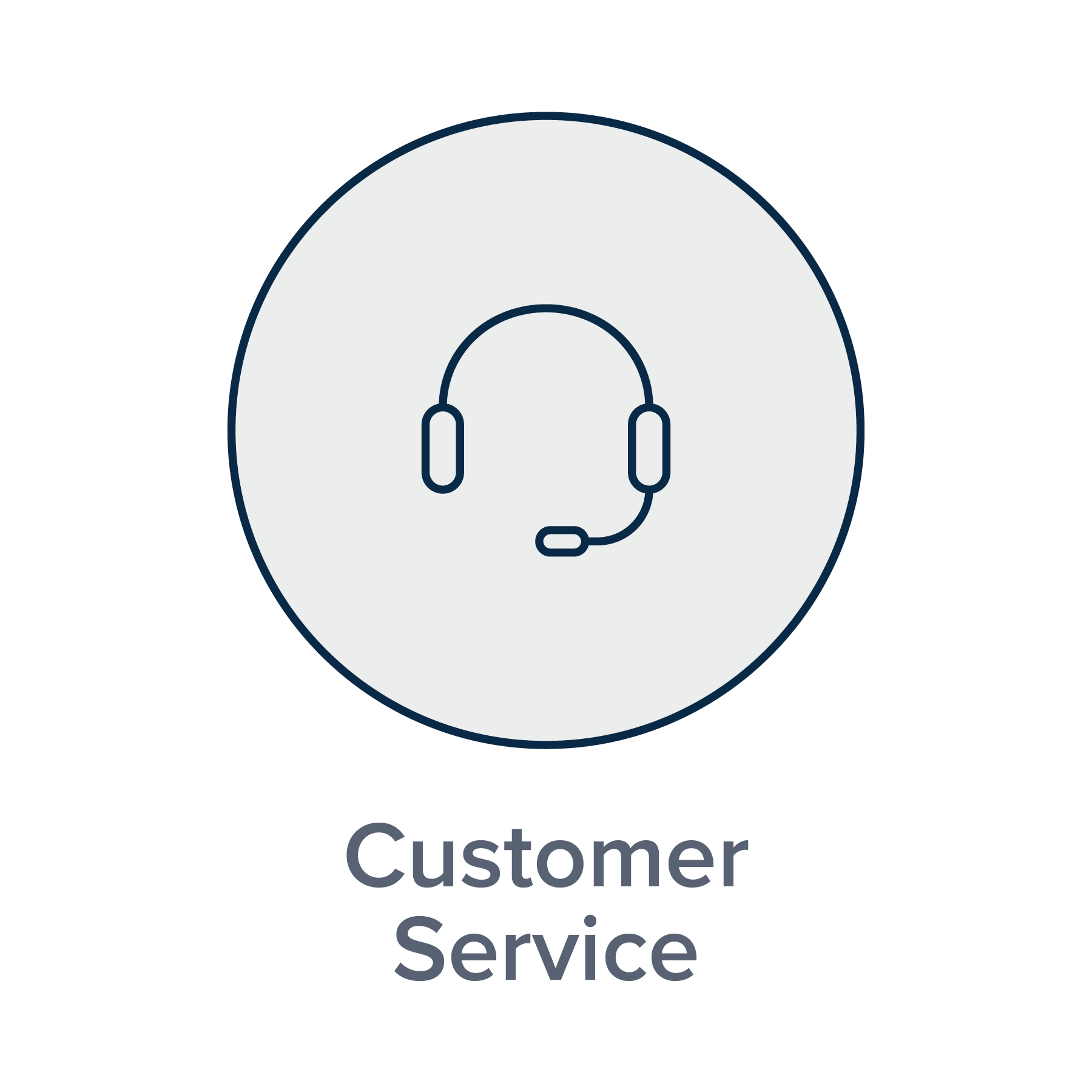 A grey circular icon featuring a dark blue outline of a headset with a microphone, labeled 