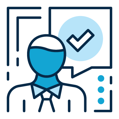 Icon of a professional figure next to a speech bubble containing a blue checkmark, symbolizing approval or completion.