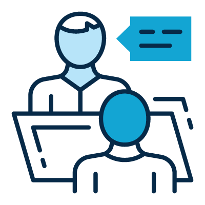 Two figures in blue facing each other across a desk, with one figure speaking, represented by a speech bubble.