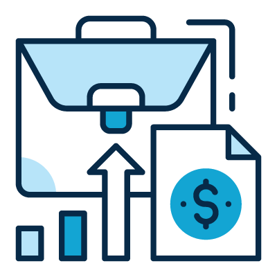 A blue briefcase icon next to a document with a dollar symbol and an upward-pointing arrow, indicating business growth.