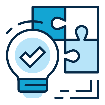 A lightbulb icon containing a checkmark, positioned next to two interlocking puzzle pieces in shades of blue.