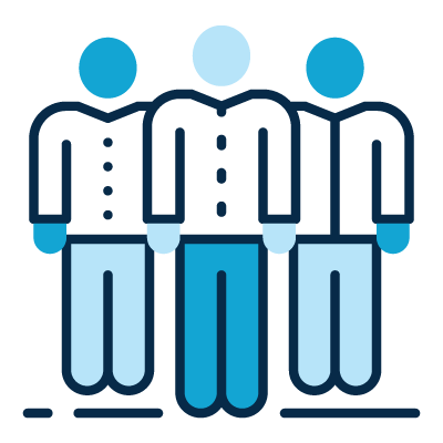 A line icon of three stylized figures standing side-by-side, shaded in various shades of blue.
